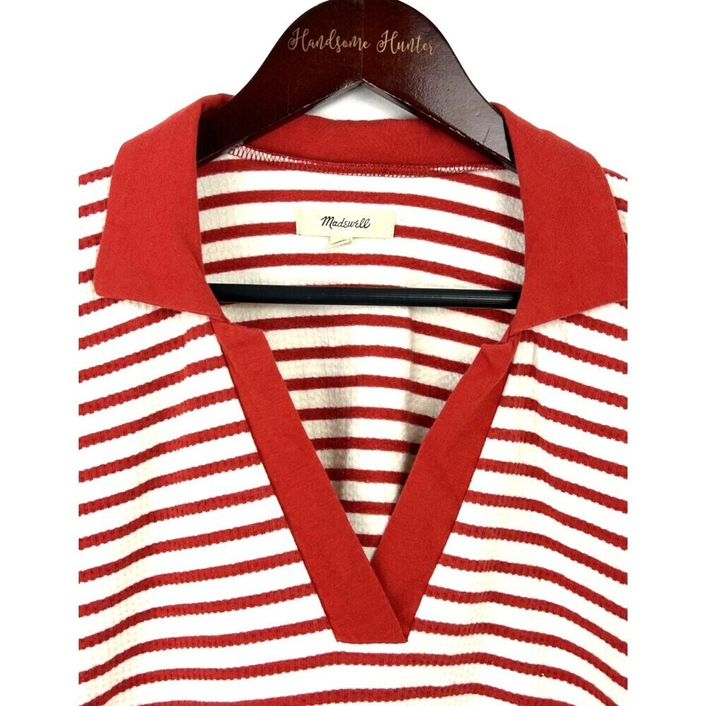 Madewell Women Burnt Red White Striped Texture Rib Cropped Polo Tee Sz S 1254H4 - Picture 10 of 12